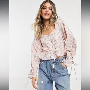 ASOS Design Pink‎ Floral Print Button Up Pleated Long Sleeve Peasant Top Size 6